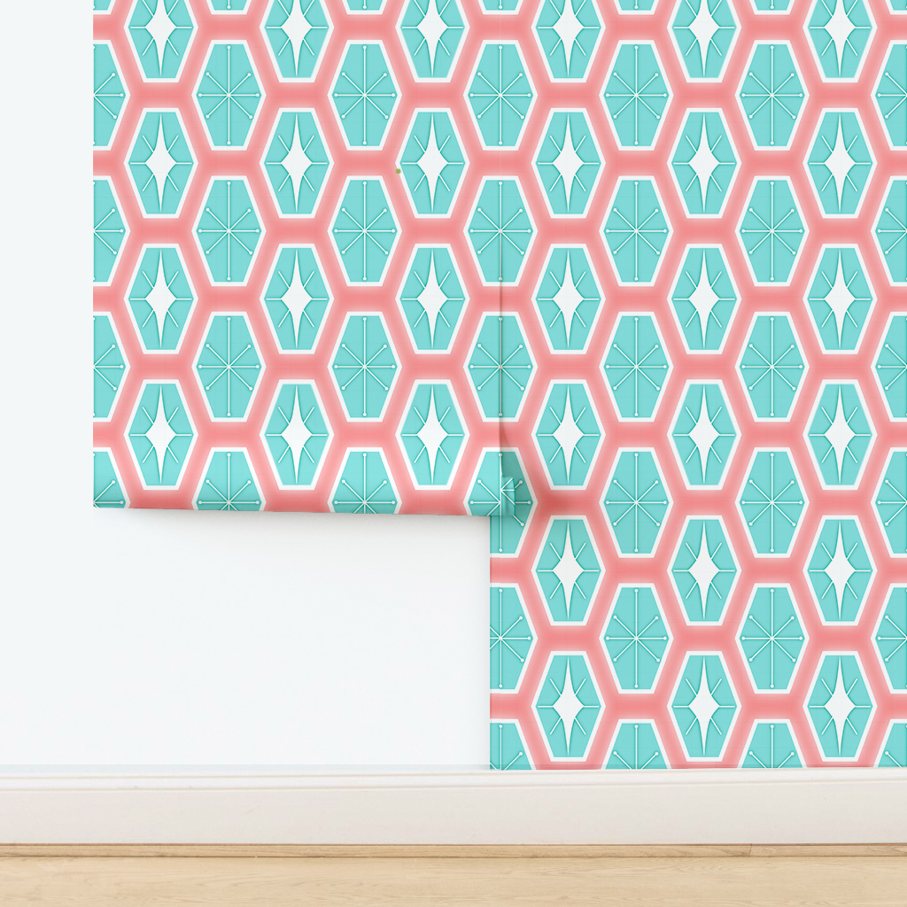 An abstract composition featuring irregular, rounded shapes in vibrant colors. The main colors include bright green, lime green, turquoise, and dark blue, all separated by white, jagged outlines. The shapes overlap and intersect dynamically, forming an energetic and playful pattern. The overall texture has a fabric-like appearance with subtle horizontal and vertical lines running through the colors.